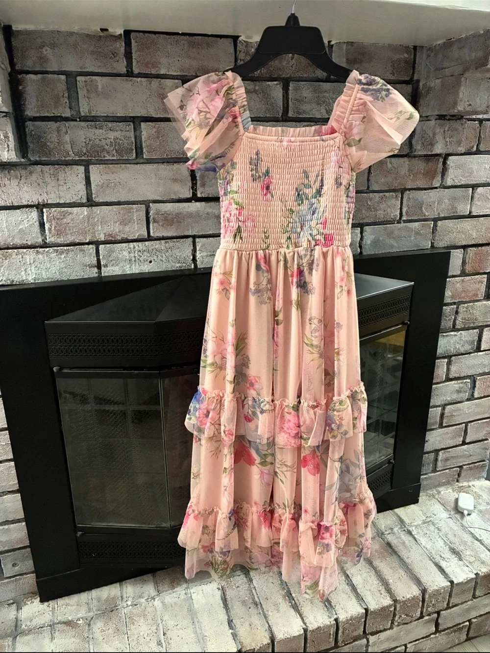Rare Editions Pink Floral Ruffle Maxi Dress with Puff Sleeves